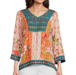 John Mark NWT XL Embroidered V-neck Top Melon Multicolor Floral Blouse